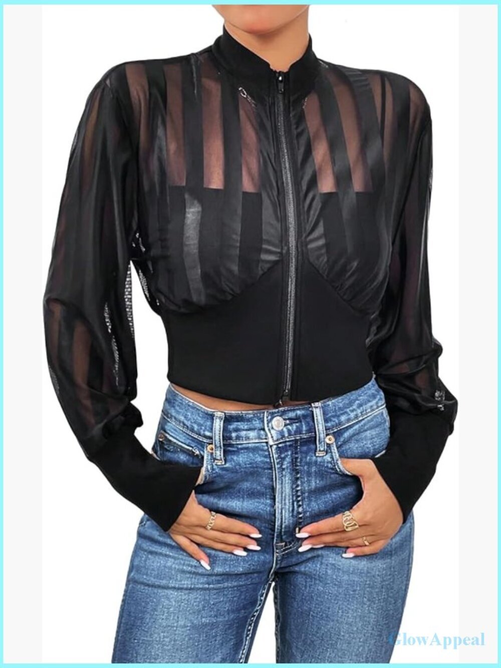 Sheer Crop Bomber Jacket Long Sleeve Zip Up Baseball Collar